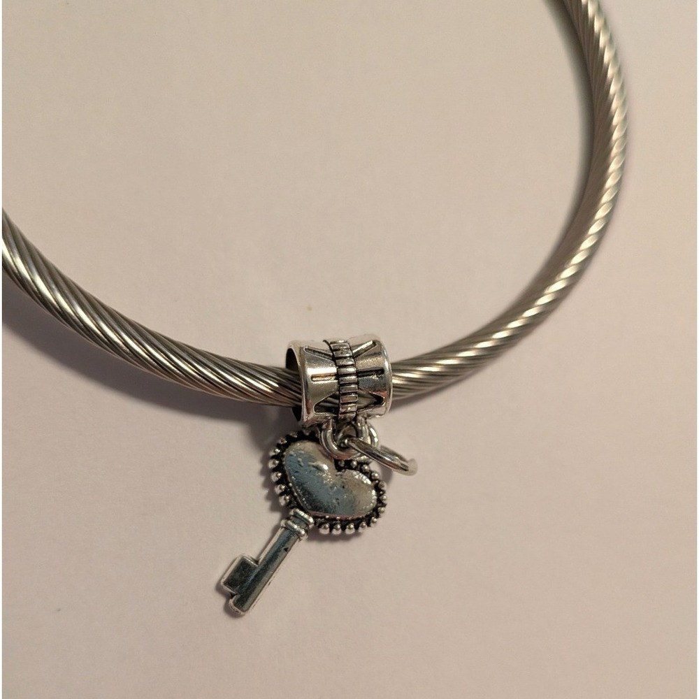 Silver Heart Key Dangle Charm for Bracelet Beaded Texture Romantic Jewelry